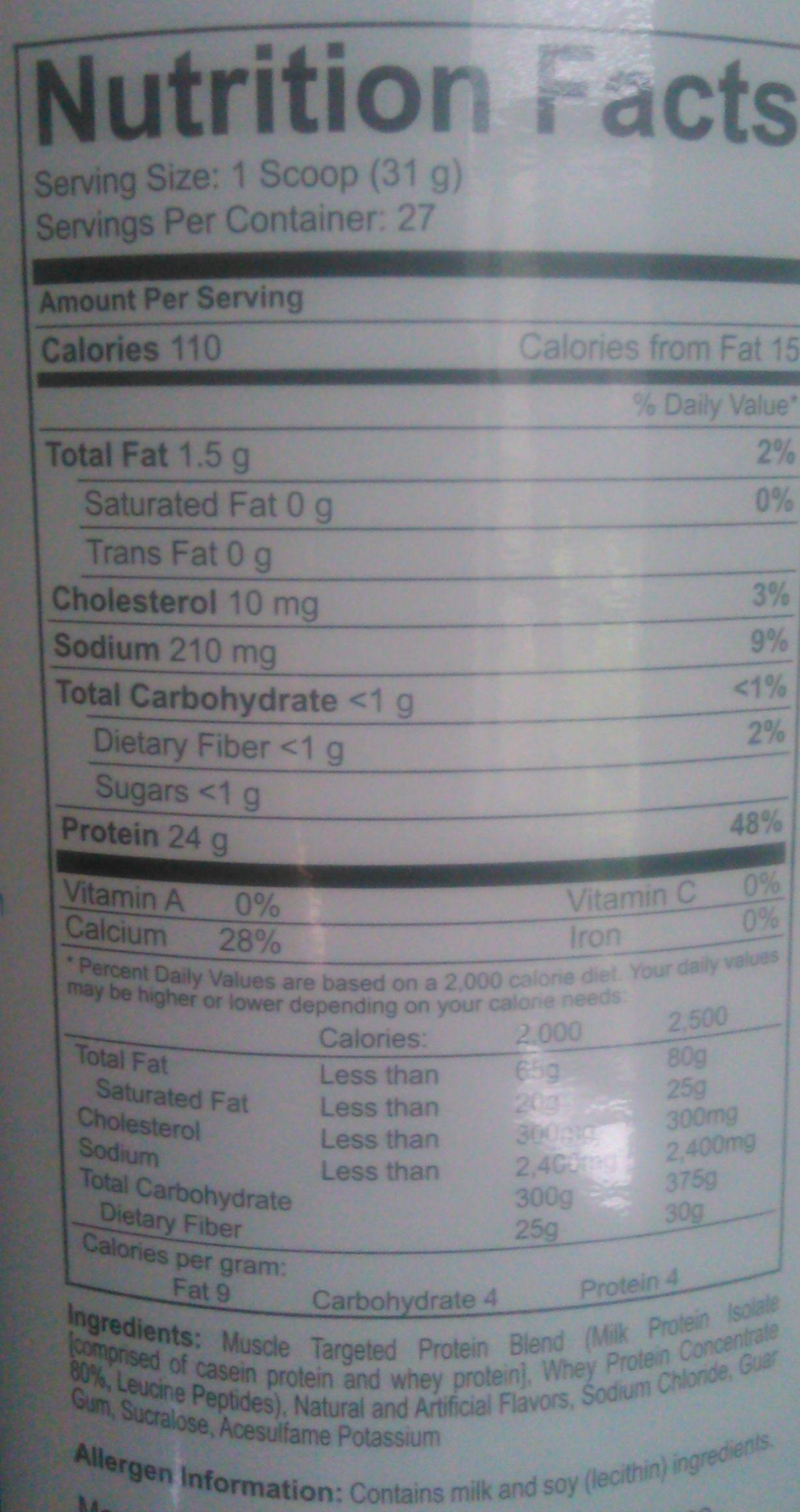PES Select Protein Ingredients and Nutrition Label