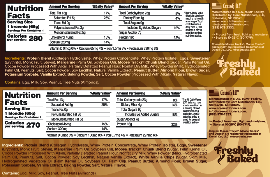 CORE Nutritionals Moose Tracks Protein Brownie and Blondie Nutrition Facts and Ingredients