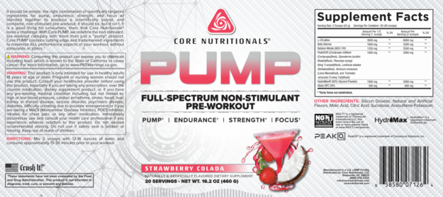 Core Pump Strawberry Colada Pre-Workout Label