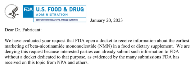 FDA Response to NPA for NMN Docket Request