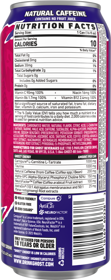 GHOST Energy Welch's Grape-Cran Ingredients