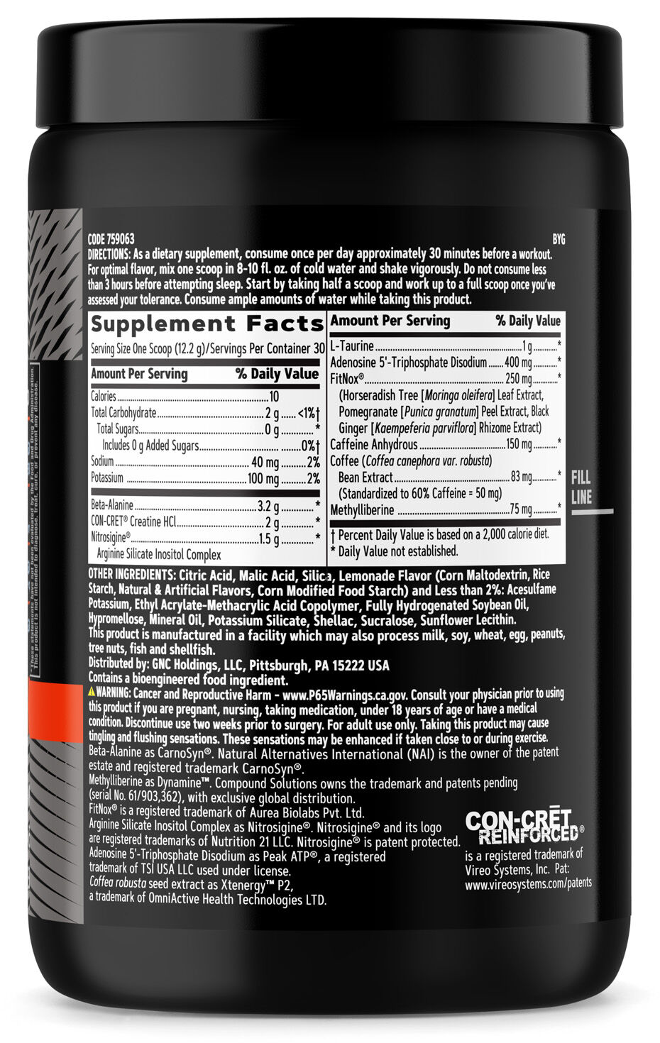 GNC AMP Tri-Phase Multi-Action Pre-Workout Ingredients