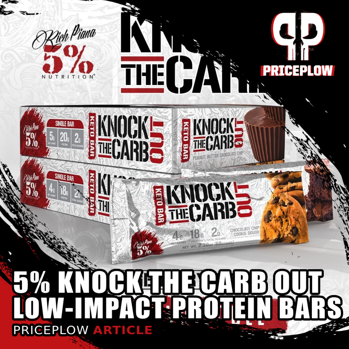 5% NUTRITION KNOCK THE CARB OUT BARS 10-PACK BOX rich piana keto protein ktco 
