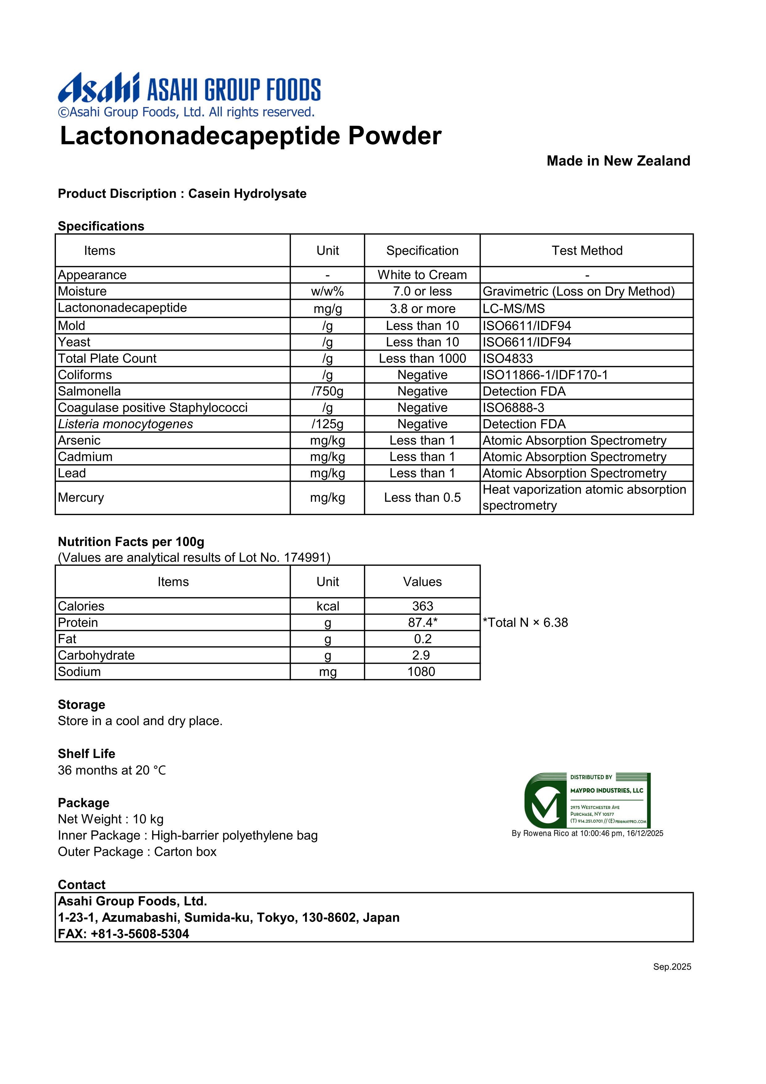Lactononadecapeptide Powder Specification Sheet from Asahi Group Foods