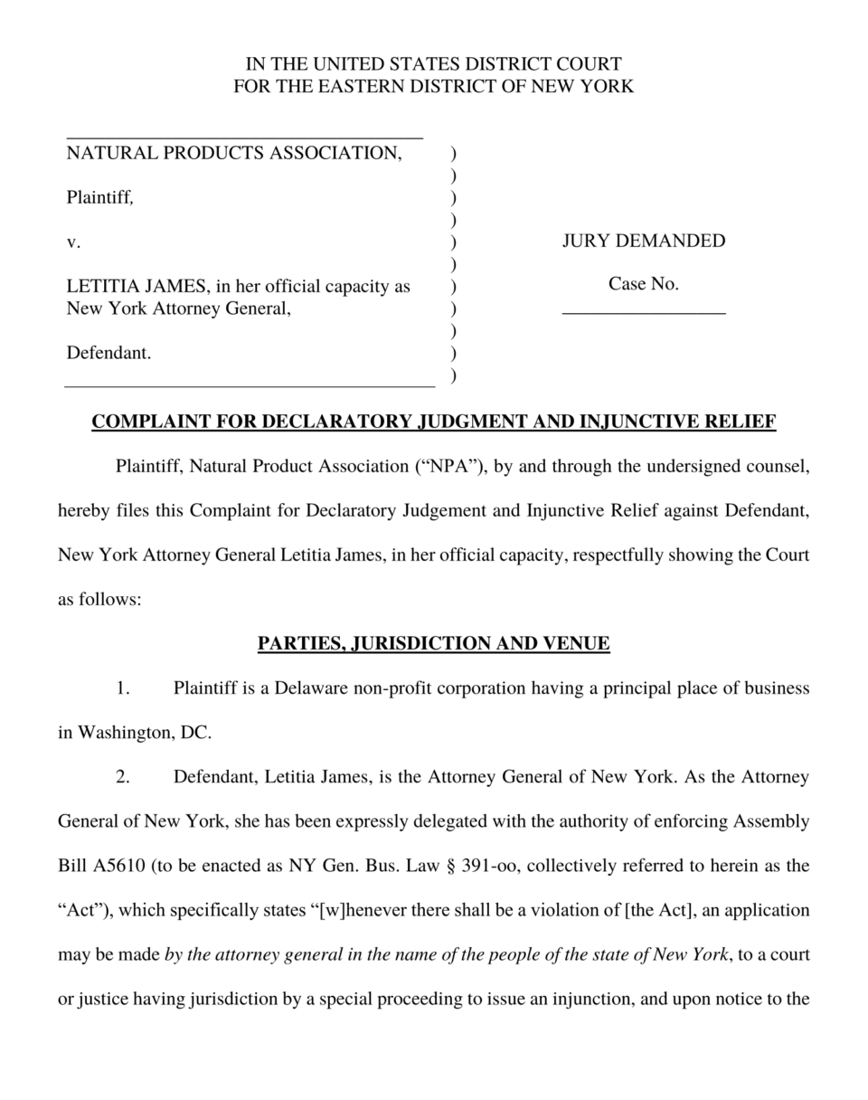 Natural Products Association SUES New York Over Supplement Restrictions ThaiMedFood