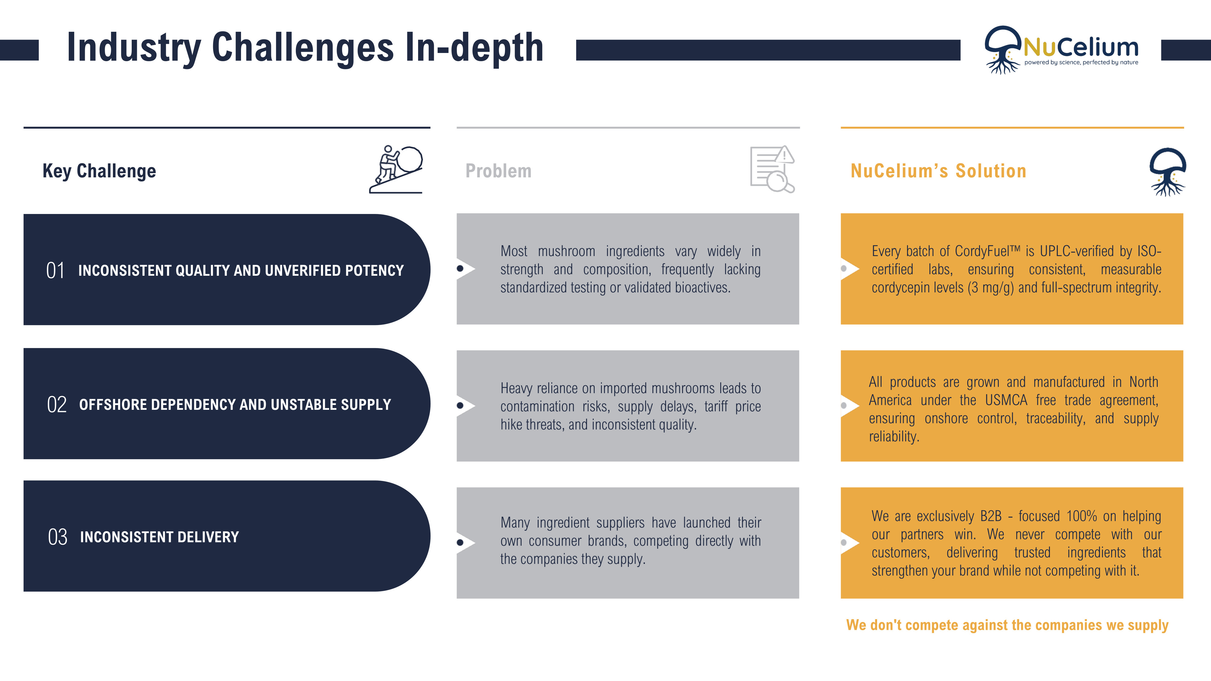 NuCelium Industry Challenges vs. NuCelium Solutions: Quality, Supply, and B2B Alignment