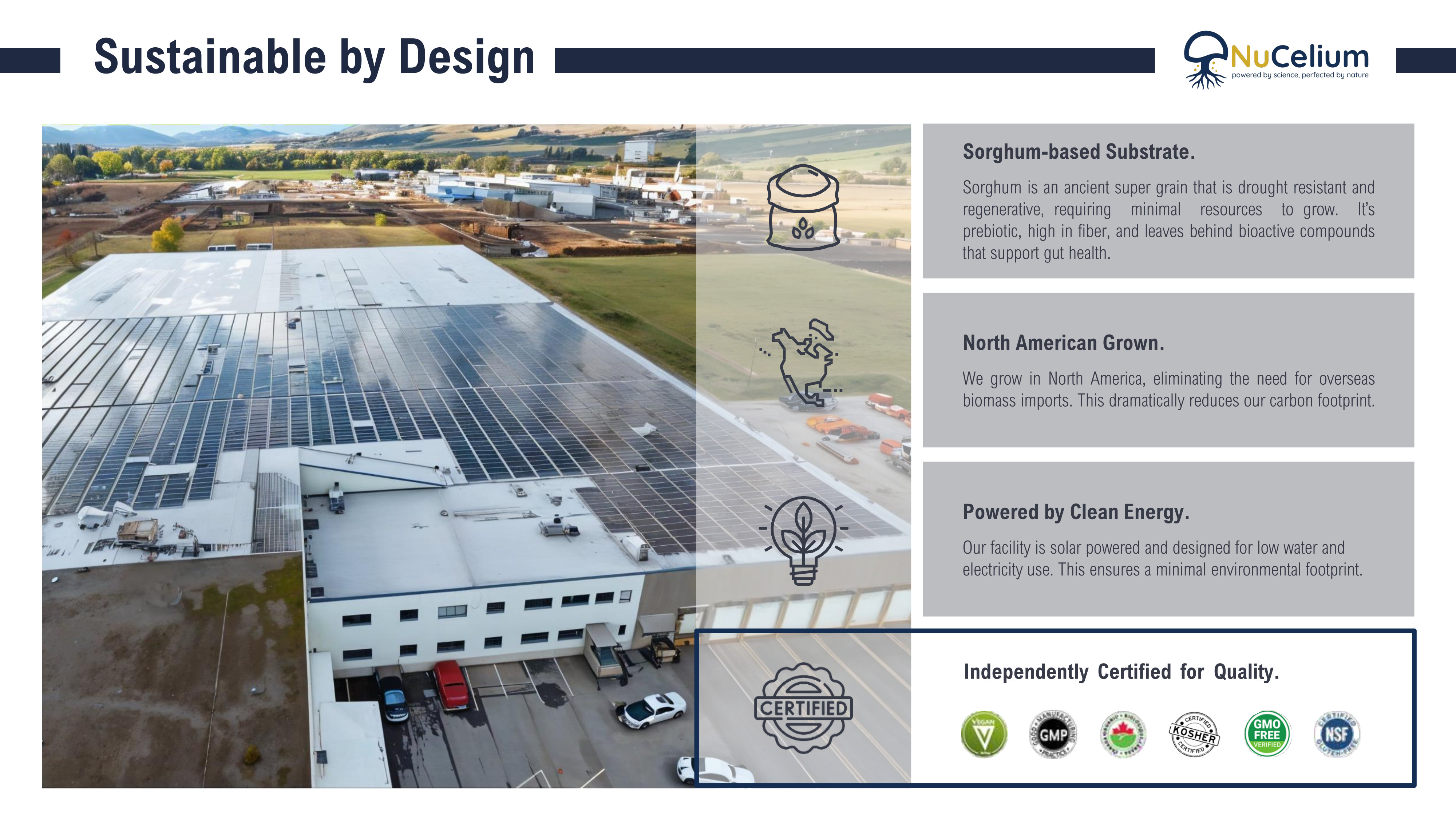 NuCelium Sustainable by Design: Solar-Powered Facility, Sorghum Substrate, and Quality Certifications