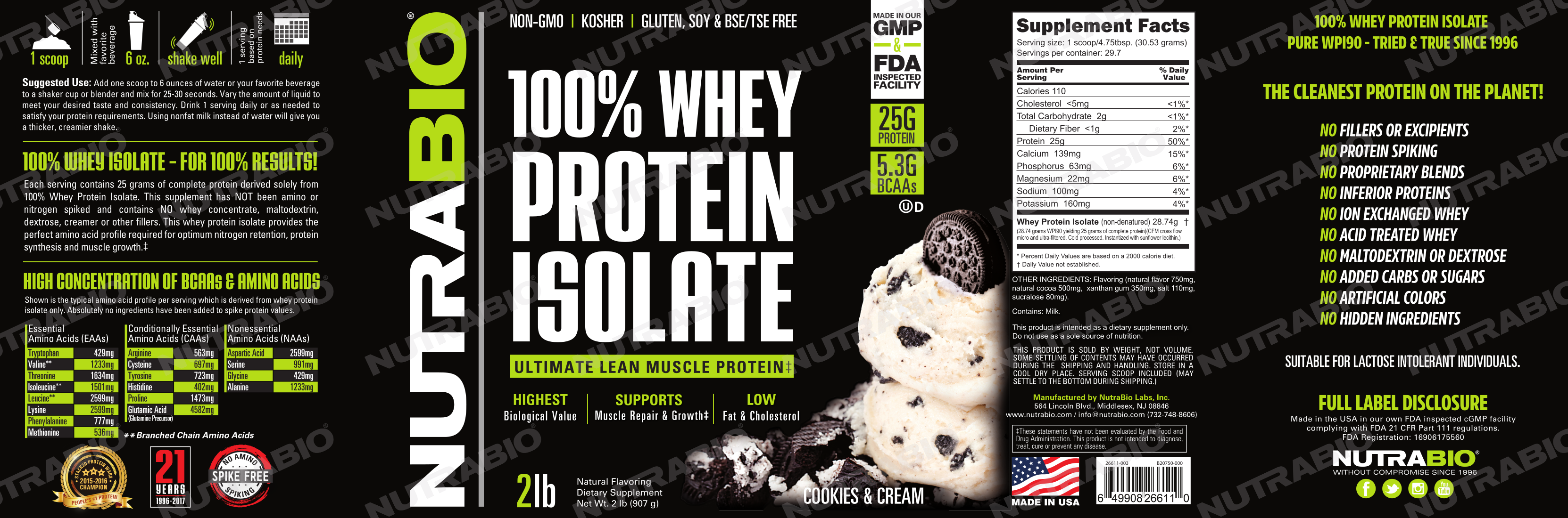 NutraBio 100% Whey Protein Isolate Ice Cream Cookie Dream Label