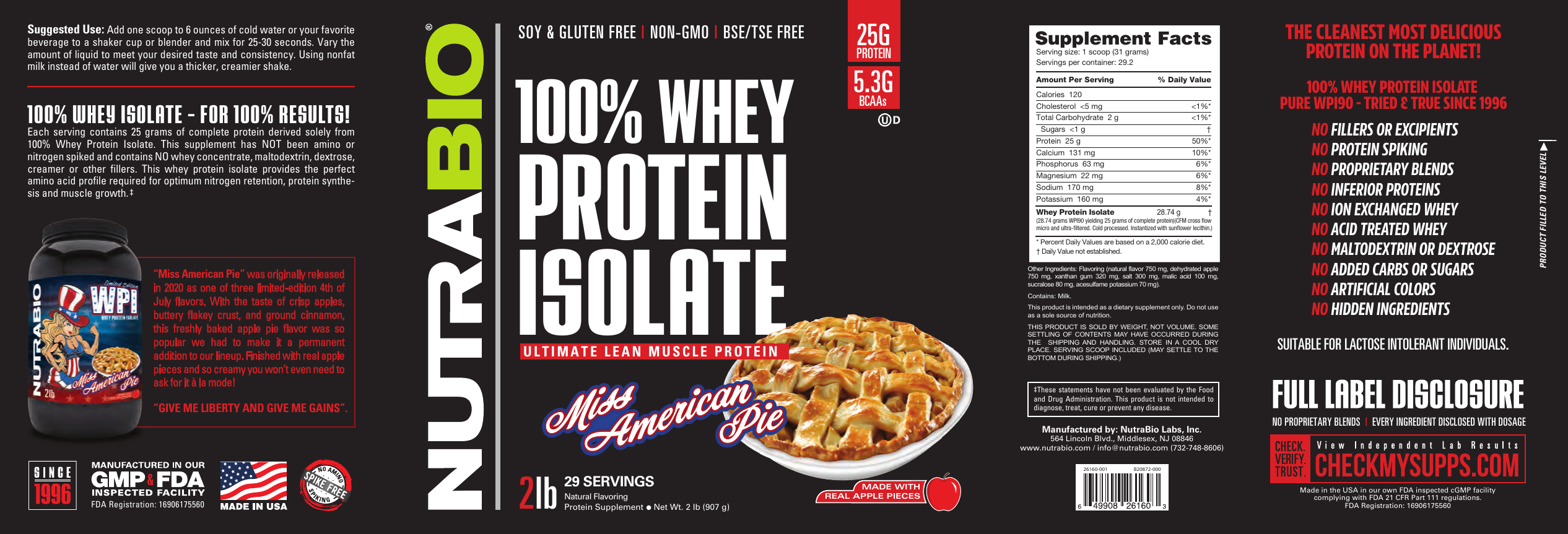 NutraBio 100% Whey Protein Isolate Miss American Pie Label