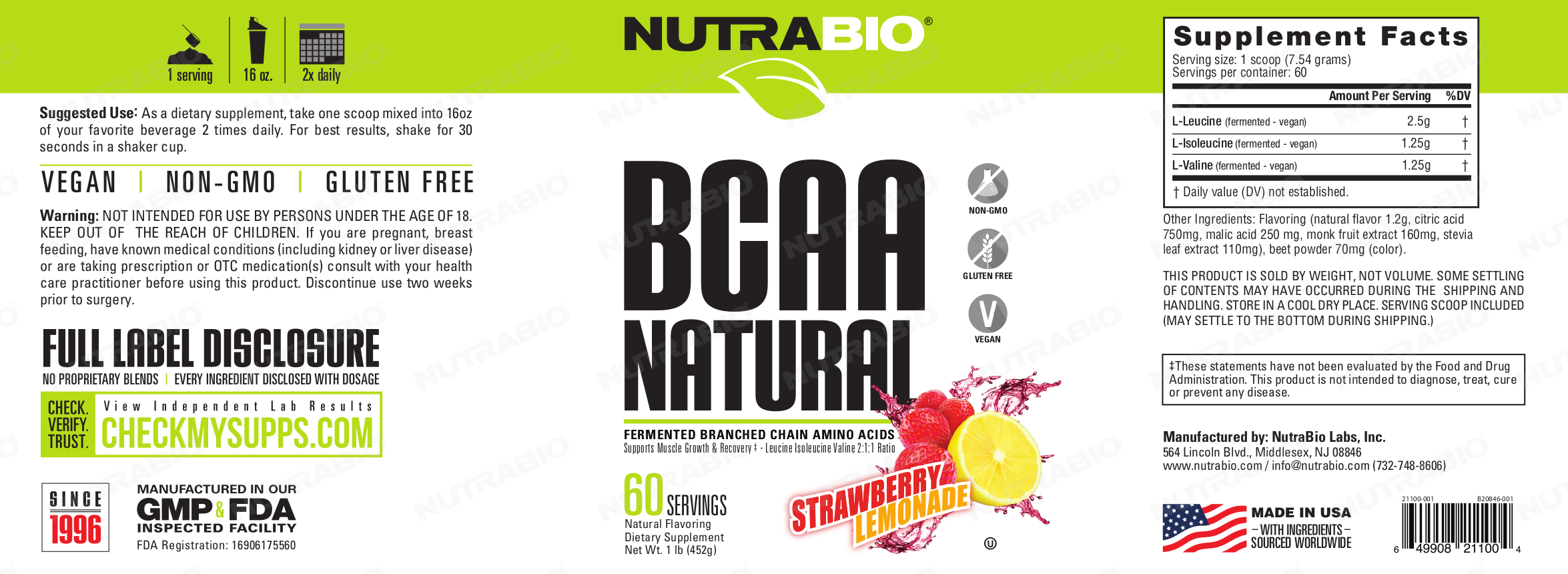 NutraBio BCAA Natural Strawberry Lemonade Label