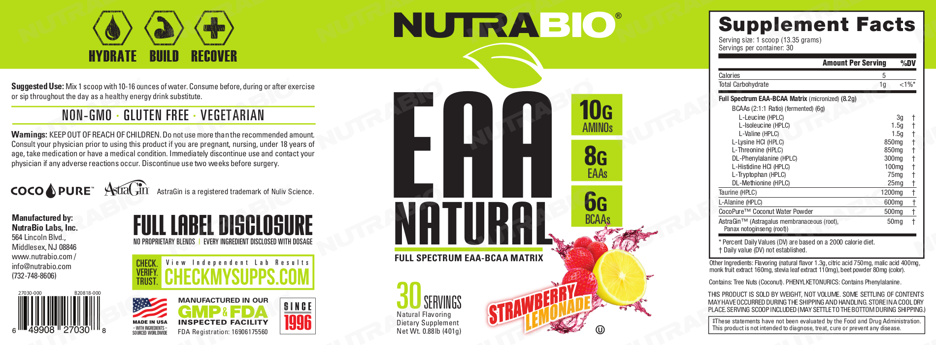 NutraBio EAA Natural Strawberry Lemonade Label