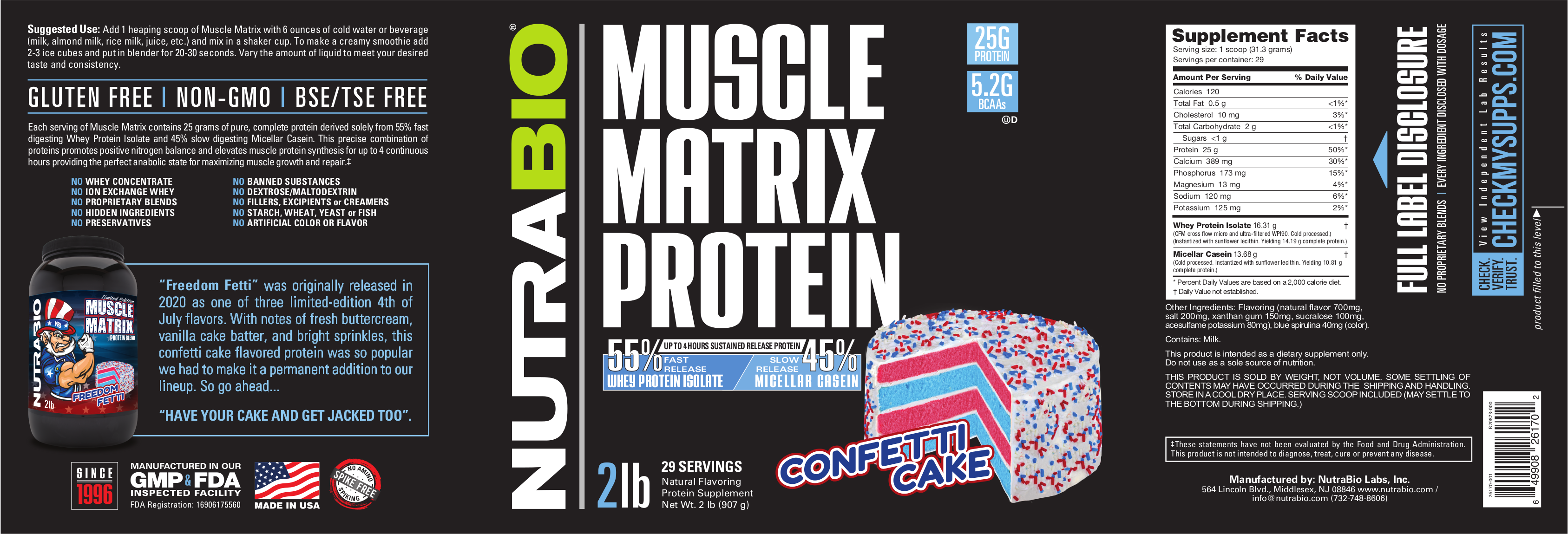 NutraBio Muscle Matrix Confetti Cake Label