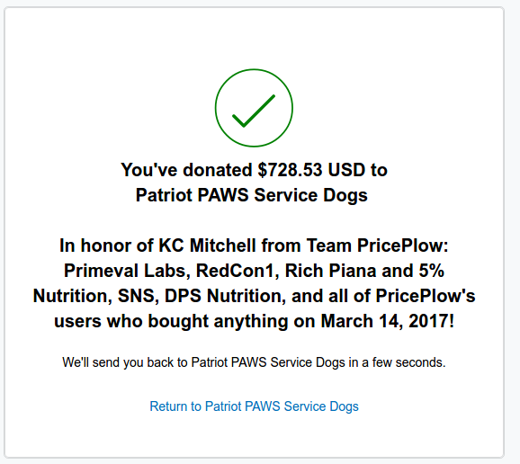 PricePlow's Patriot PAWS Donation