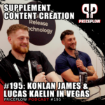 Lucas Kaelin and Konlan James KJ from V1 Nutra discuss content creation challenges and supplement industry pouches on PricePlow Podcast Episode 195 at SupplySide Global 2025