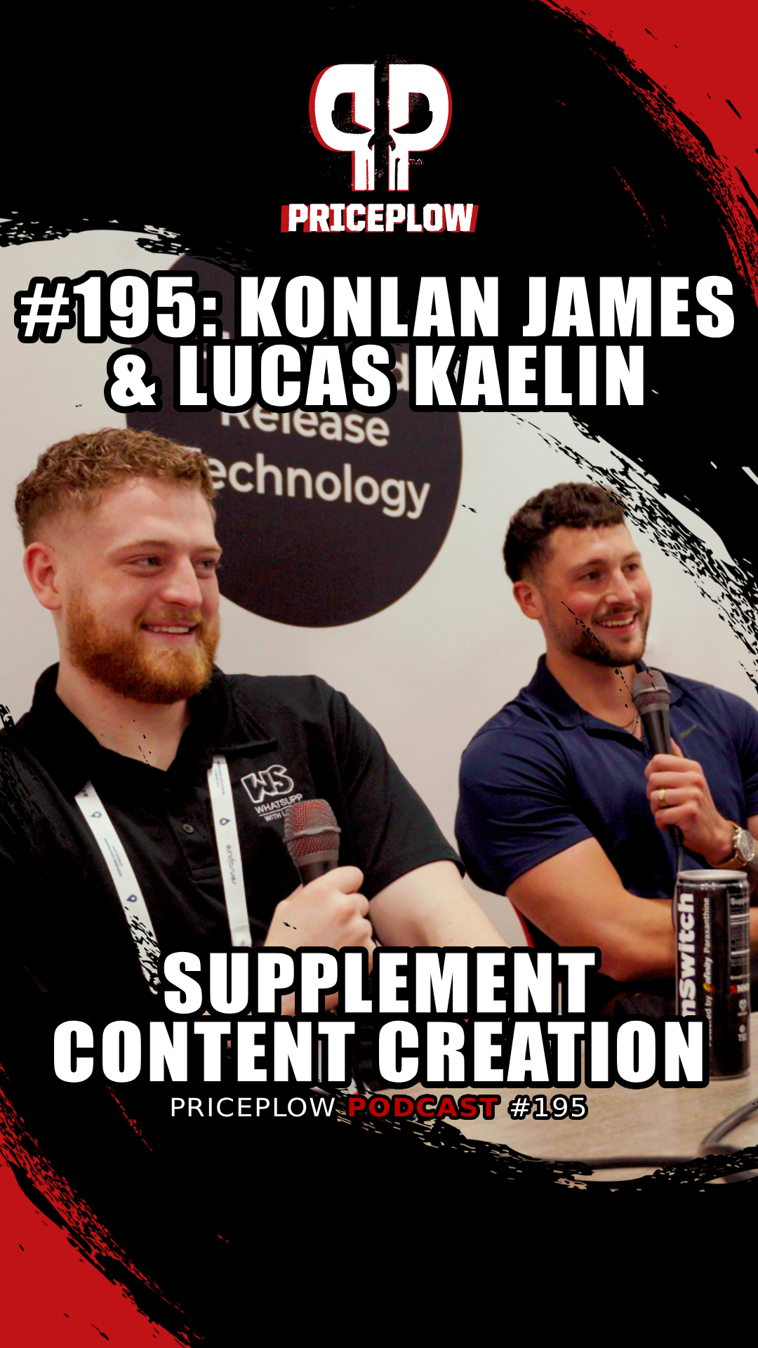 Lucas Kaelin and Konlan James KJ from V1 Nutra discuss content creation challenges and supplement industry pouches on PricePlow Podcast Episode 195 at SupplySide Global 2025