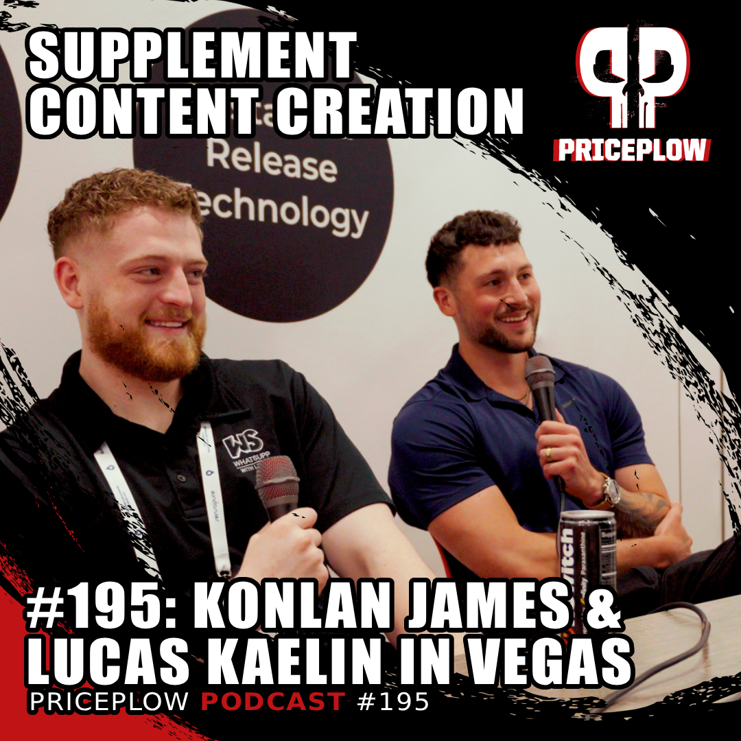 Lucas Kaelin and Konlan James KJ from V1 Nutra discuss content creation challenges and supplement industry pouches on PricePlow Podcast Episode 195 at SupplySide Global 2025