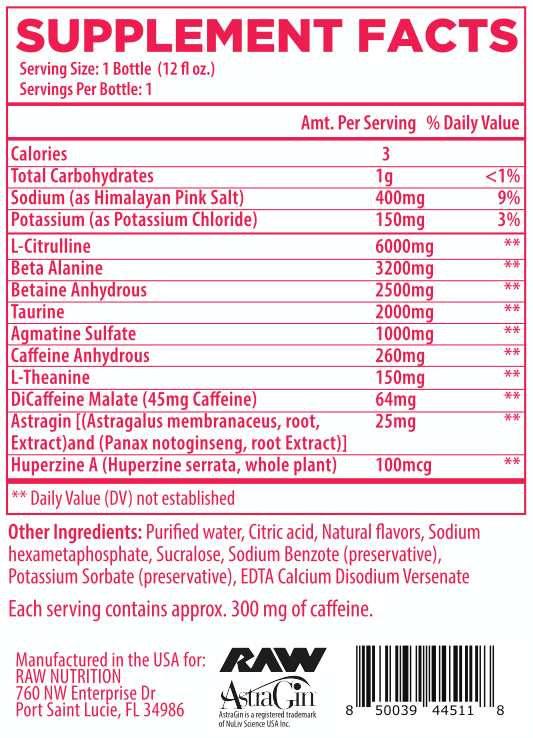 Raw Nutrition CBum Thavage RTD Strawberry Mango Ingredients
