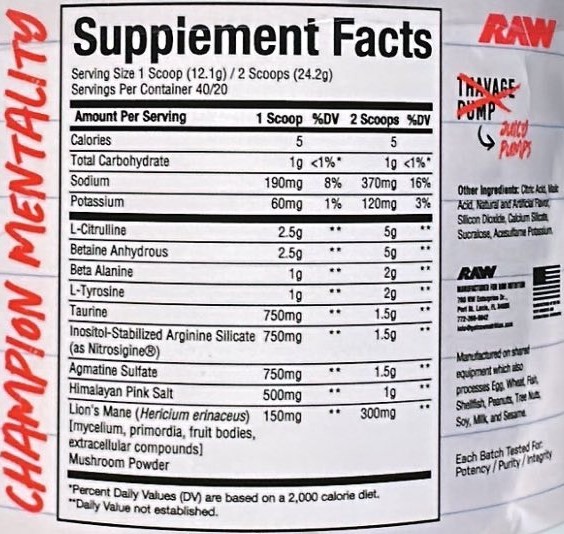 RAW Nutrition Pump Christopher's Juicy Pumps Ingredients